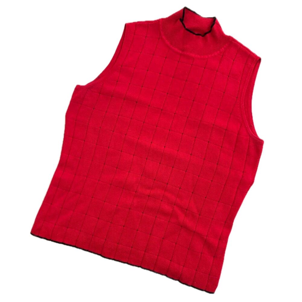 Red Sleeveless Turtleneck Vest Mixed Rib Grid Classic Minimalist